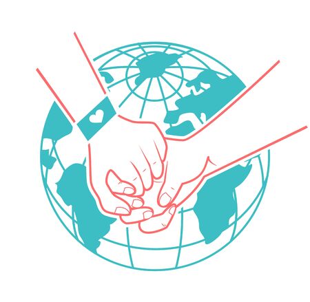 helping hands, support, rescue, aid to the background of the world. Icon in a linear styleのイラスト素材