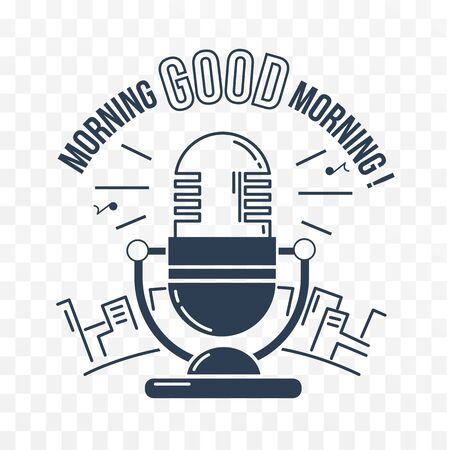icon Good morning in the form microphone for the radio against the backdrop of the city. vector icon black and white in the linear styleのイラスト素材