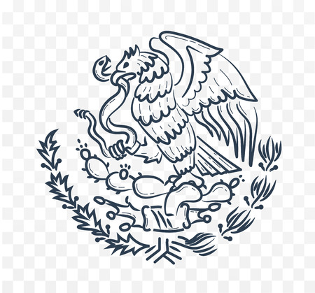 Mexico coat of arms, eagle and snake symbol. Black and white icon silhouette in a linear styleのイラスト素材