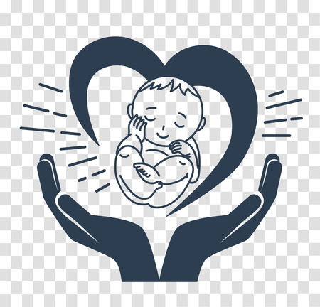Concept of the birth of a child, in the form of a child, hands and heart. silhouette icon  in the linear styleのイラスト素材
