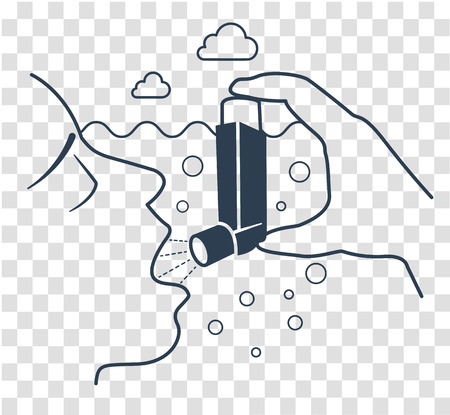 Icon of a patient with bronchial asthma in a linear style. The concept of the disease, in the form of an abstractly choking person in water and a spray aerosol. Black and white illustrationのイラスト素材