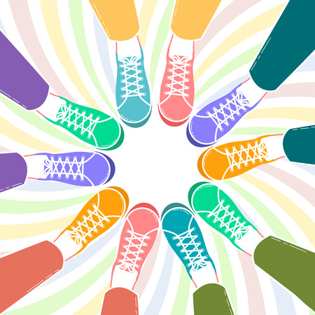 concept of friendship, in the form  of different in color pairs of shoes  in a circleのイラスト素材