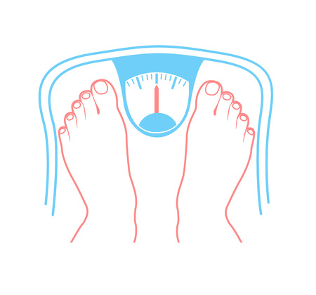 Concept of overweight in the form of feet on weighing scales. Icon in the linear styleのイラスト素材