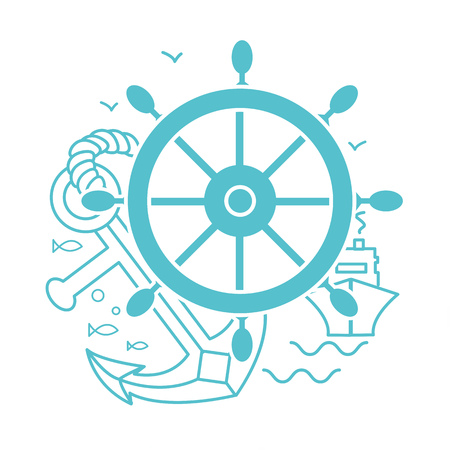 concept of seafaring in the form of sea rudder, anchor, ship. Icon in the linear styleのイラスト素材