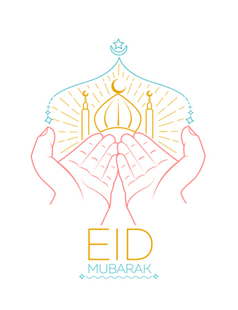 Greeting card - eid mubarak.  Illustration of hands praying namaz (Muslim's Prayer) infront of mosque. Icon in the linear styleのイラスト素材