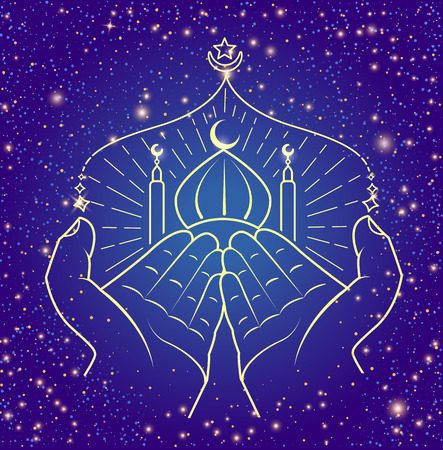 Illustration  of hands praying namaz (Muslim's Prayer) infront of mosque. Icon in the linear styleのイラスト素材