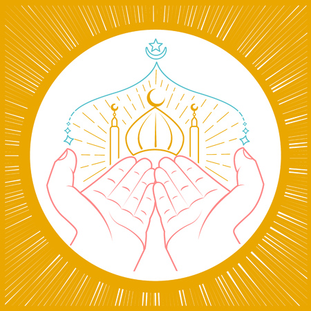 Illustration of hands praying namaz (Muslim's Prayer) infront of mosque. Icon in the linear styleのイラスト素材
