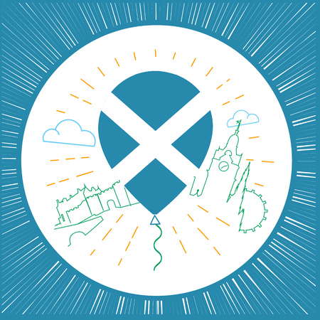Icon, logo for travel to Scotland, in the form of an air balloon with the flag of Scotland and showplace, architecture in the line styleのイラスト素材