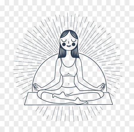Icon meditation yoga in the form of an icon of a girl yoga on a background of rays . Icon in the linear styleのイラスト素材