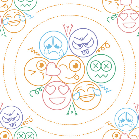 Children's funny,  seamless  background in the form of an smiles and different emotions in a linear style.のイラスト素材