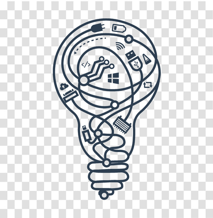 Concept of the work of programmers, system administrators, ideas in the form of a light bulb with different wiresのイラスト素材