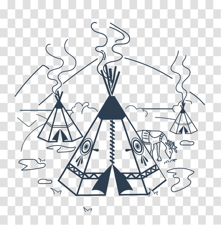 Illustration of life indigenous people in the form of a wigwam, a deer. Icon, silhouette  in the linear styleのイラスト素材