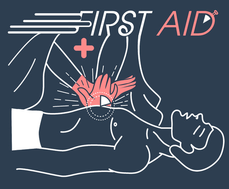 concept of the first medical aid to the patient, the indirect massage of the heart. banner in the linear styleのイラスト素材