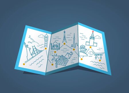 Icon map  marked way to historical monuments. Travel to different countries concept.のイラスト素材