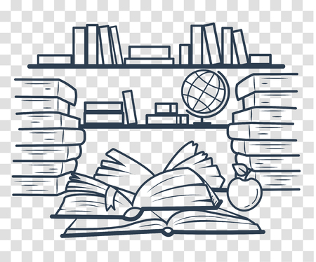 illustration of education in the form of a library with bookshelves and open books.のイラスト素材