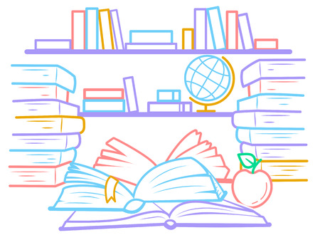 illustration of education in the form of a library with bookshelves and open books.  Icon in the linear styleのイラスト素材