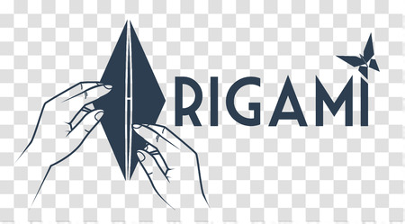 logo for classes Origami in the form of hands folding a sheet of paper and text. Icon, silhouette in the linear styleのイラスト素材