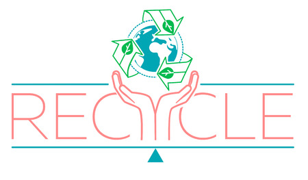 banner about recycle as a sign recycling arrows symbol with Earth globe inside and hands for the symbol of environmental protection. Recycle icon  in the linear styleのイラスト素材