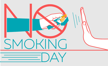 concept of abandoning the harmful habit of smoking in the form of a hand with a pack of cigarettes and a hand refusing to smoke with a stylized inscription No Smoking day. banner in the linear styleのイラスト素材