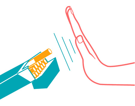 concept of abandoning the harmful habit of smoking in the form of a hand with a pack of cigarettes and a hand refusing to smoke with a stylized inscription No Smoking day. icon in the linear styleのイラスト素材