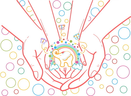 concept of protection, caring for a child in the form of an adult hand holding a child's hand and a child's soul and fantasy. Icon in the linear styleのイラスト素材