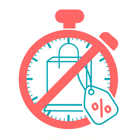 concept of refusing purchases during the day in the form of a package with discounts, sale in the prohibiting sign. Icon in the linear styleのイラスト素材