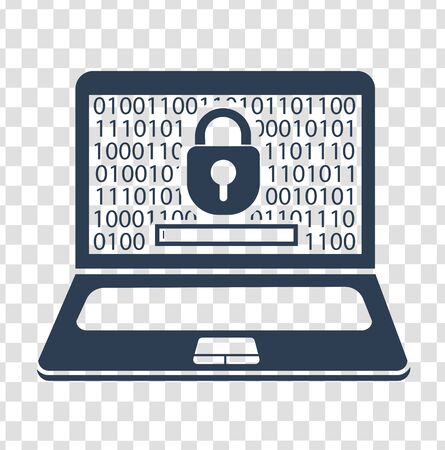 Concept of protecting information on a computer in the form of a laptop requiring a password for the enter in the form of a lock. icon, silhouette in a linear styleのイラスト素材