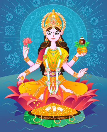 Beautiful Illustration,Poster Or Banner With Goddess Maa Laxmi Of Indian Dhanteras Festival Background.のイラスト素材