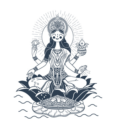 Illustration with hindu godess Laxmi or lakshmi. Icon, silhouette in a linear style のイラスト素材
