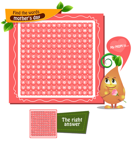 Zigzag word search puzzle (suitable both for kids and adults).  Task- find the hidden words y. entertaining game for mother's day, women's day march 8のイラスト素材