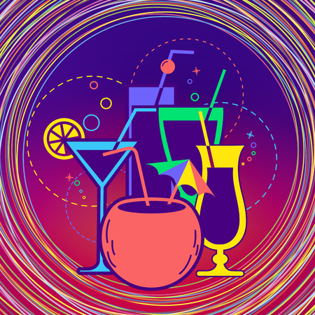  Cocktail party poster in the form of drinks with drinking straw against a dark background. Banner illustration in the linear styleのイラスト素材