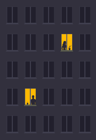 concept of loneliness, in the form of a silhouette of woman and  man in a city window at night. Symbol of expectation, dreams and destiniesのイラスト素材