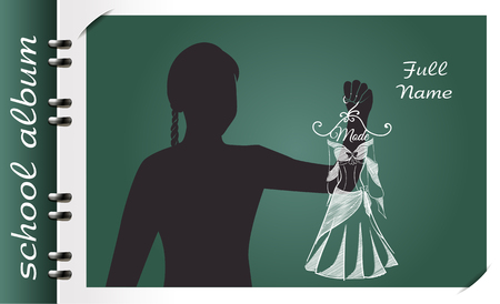 template of a school album, in the form of a silhouette of a child with elements chalked on a chalkboard in the form of childrens dreams about the future profession or a hobby of a childのイラスト素材