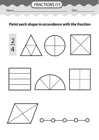 Training material- coloring book. Solve examples and color fractions .Black and white vector illustration.のイラスト素材