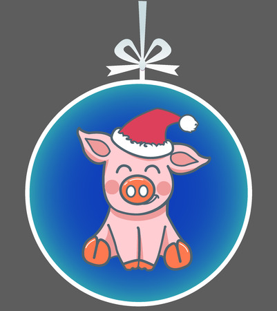 icon of a little pig in the cap on the Christmas tree toy for the new year. Icon in flat styleのイラスト素材