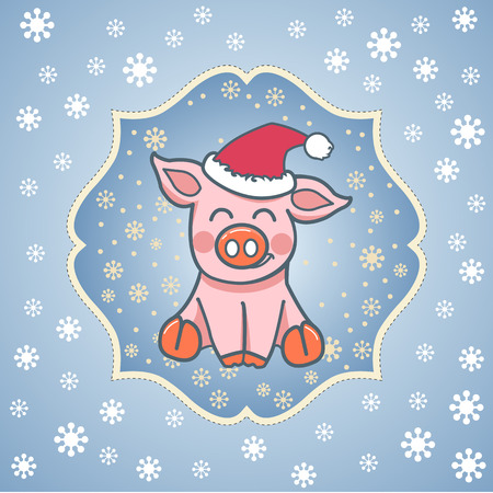 postcard template with a little cartoon pig in a hat.のイラスト素材