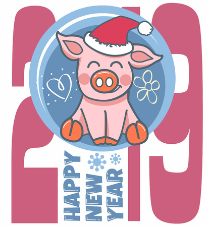 postcard template with a little cartoon pig in a hat. illustrations on flat styleのイラスト素材