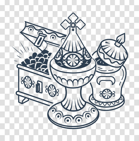 black and white icon with traditional Magi offerings to celebrate Epiphany: frankincense, myrrh and gold. Icon, silhouette in a linear style.のイラスト素材