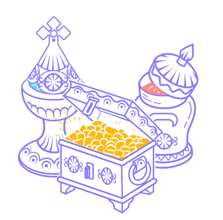 icon in hand drawn style with traditional Magi offerings to celebrate Epiphany: frankincense, myrrh and gold. Icon, silhouette in a linear styleのイラスト素材