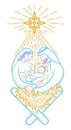 Bible scene illustration the Nativity of jesus christ. Holy family. Merry christmas icon in linear styleのイラスト素材