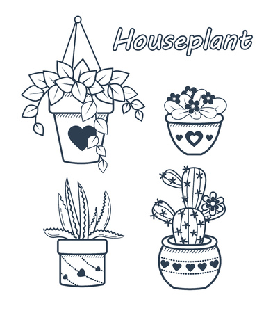 Vector set of modern flat line icons of cactus and succulents, houseplant . black and white illustrationのイラスト素材