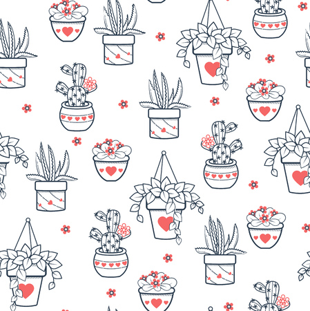 Seamless pattern with black and white cactus and succulents on white background. Vector print with cactuses succulents in minimalistic geometric linear style.のイラスト素材