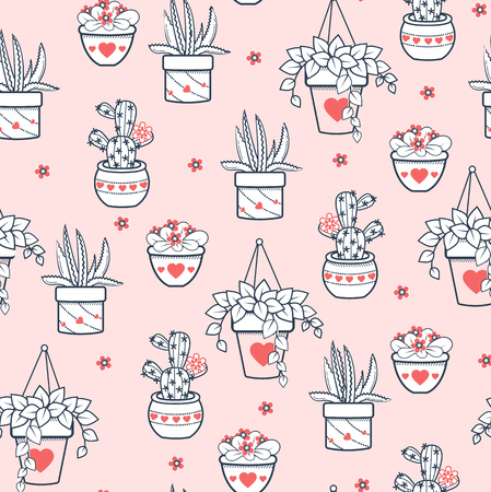 Seamless pattern with black and white cactus and succulents on white background. Vector print with cactuses succulents in minimalistic geometric linear style.のイラスト素材