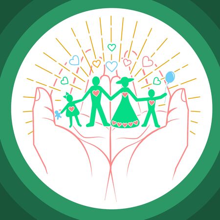 Happy family conservation concept in the form of hands that hold the silhouette of a couple with children. Icon in the linear styleのイラスト素材