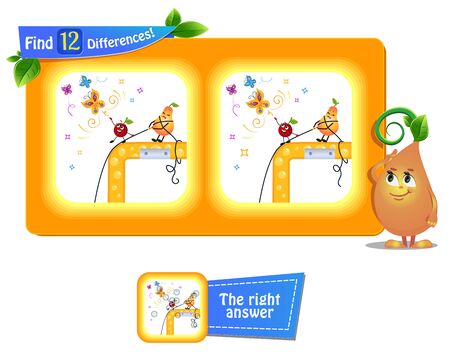 visual game for children and adults. Task to find 12 differences in the summer illustration  with  funny fruits.のイラスト素材
