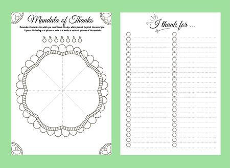 set of sheets in a notebook, planner. A diary of thanks. The task to draw and writing all for for which you could thank this dayのイラスト素材