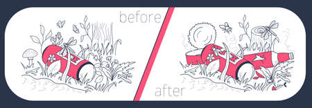 Pile of litter bottles on green grass in the natural environment problems. Nature protection. Eco concept. Icon, illustration in linear styleのイラスト素材