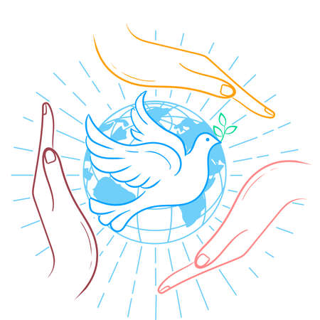 concept of living together in peace on earth in the form of hands and a dove as a symbol of peace. Icon in linear styleのイラスト素材