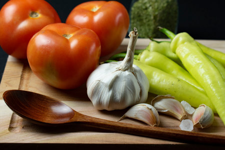 Vegetables and spices on a wooden cutting board. Black background.の写真素材