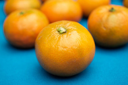 Fresh tangerines on blue background. Shallow dof.の写真素材